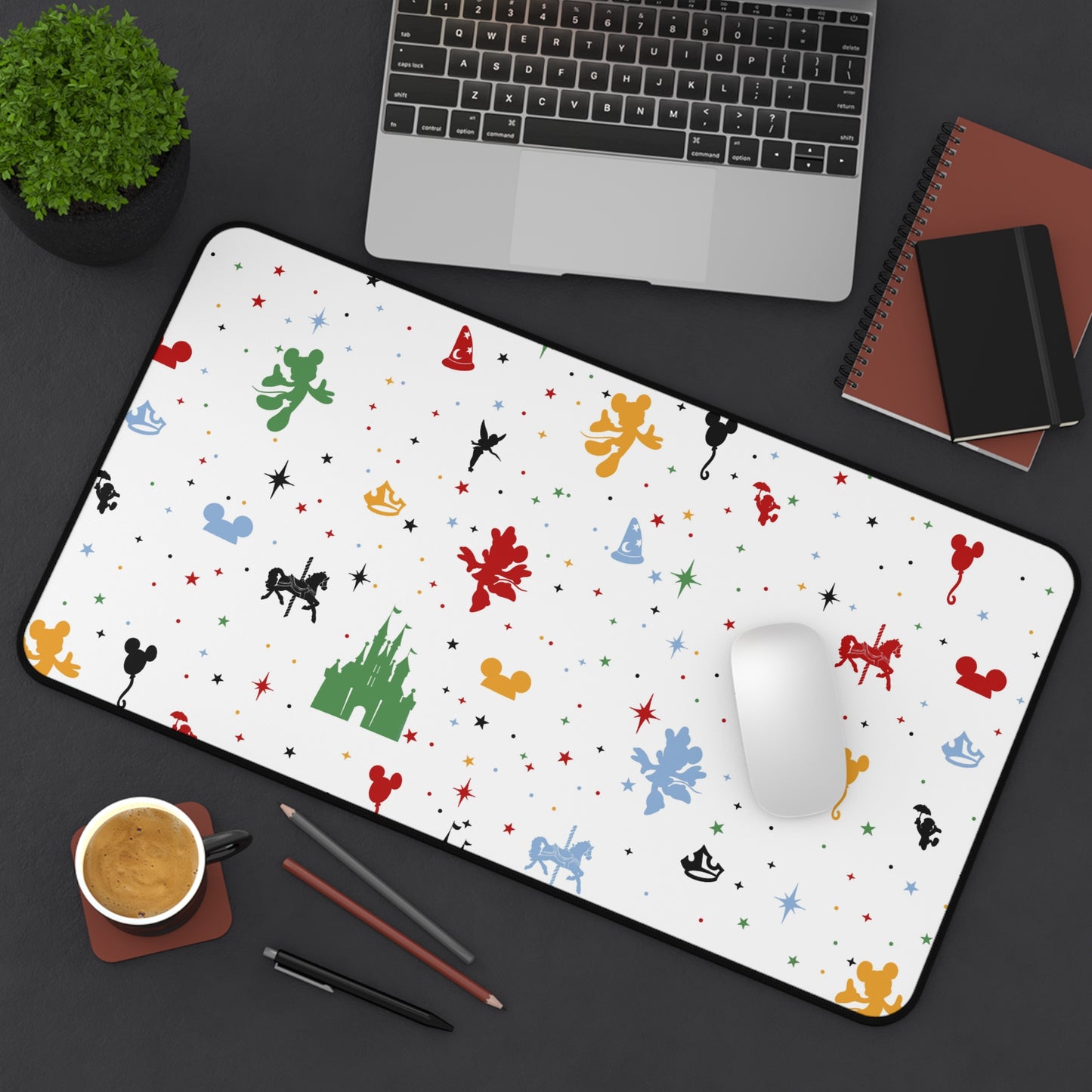 Disney Castle Icon Pattern Desk Mat — Colorful Character Silhouette Mousepad