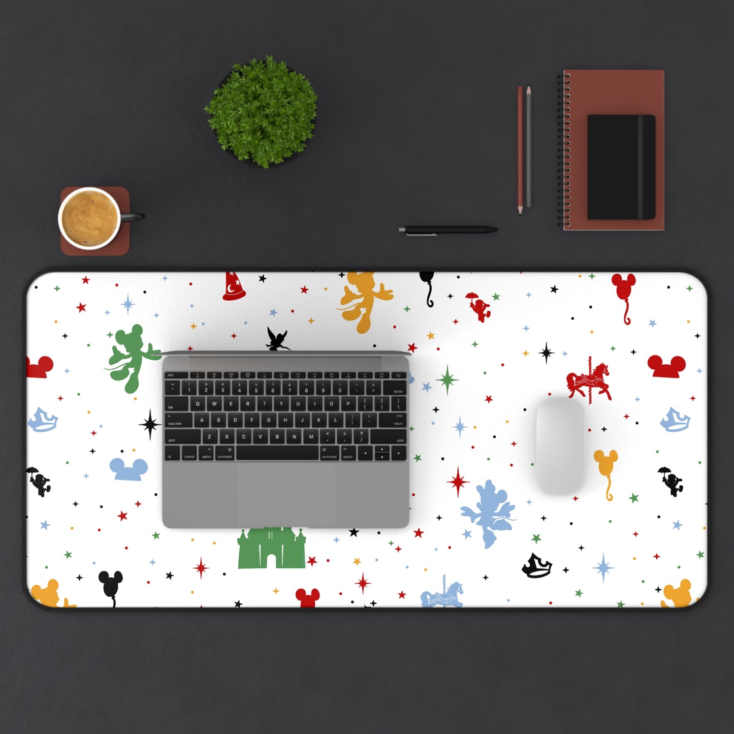 Disney Castle Icon Pattern Desk Mat — Colorful Character Silhouette Mousepad