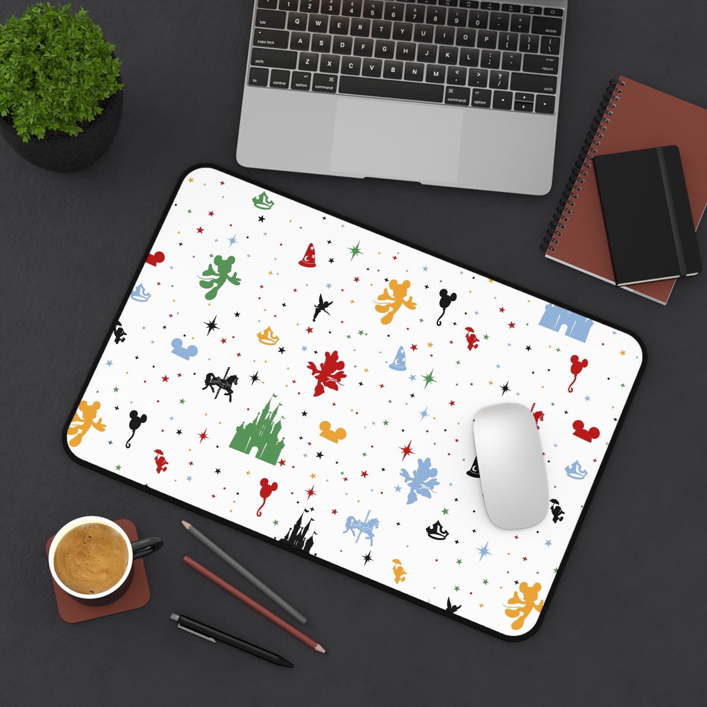 Disney Castle Icon Pattern Desk Mat — Colorful Character Silhouette Mousepad