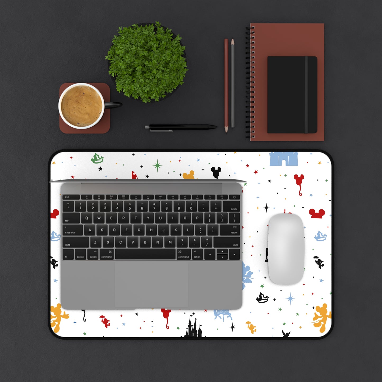 Disney Castle Icon Pattern Desk Mat — Colorful Character Silhouette Mousepad