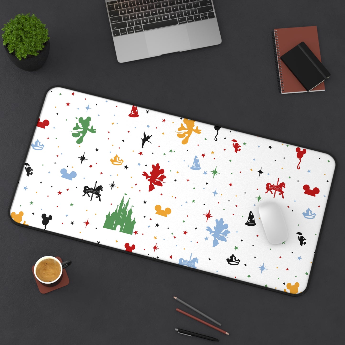 Disney Castle Icon Pattern Desk Mat — Colorful Character Silhouette Mousepad