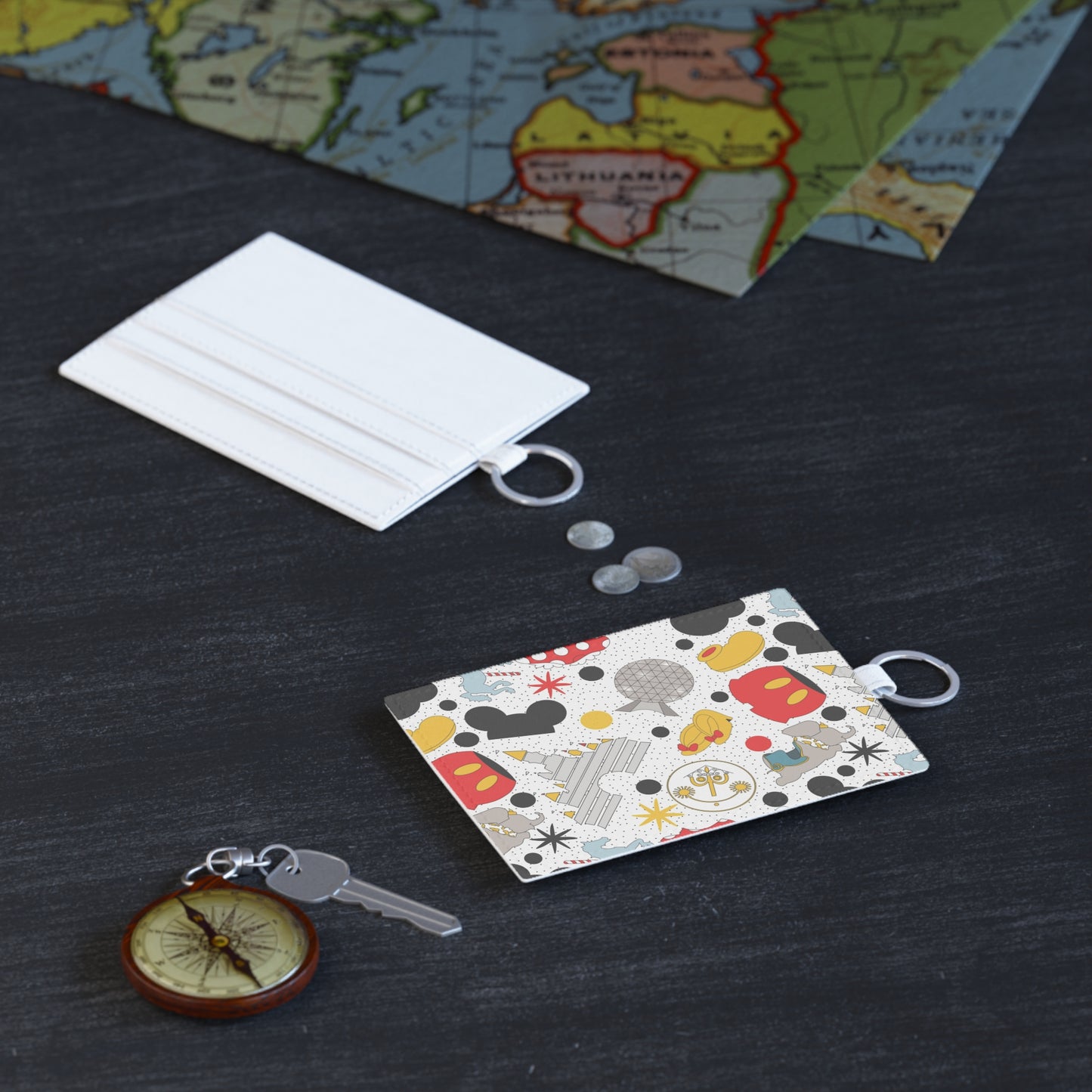 Theme Park Icons Saffiano Leather Card Holder — Retro Mickey & Attractions Pattern