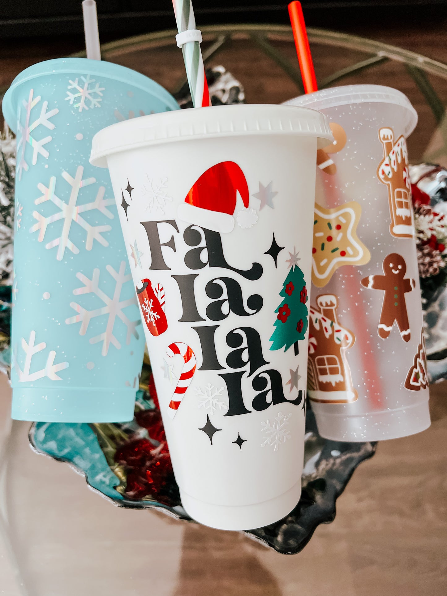 Snowflakes Christmas Cold Cup | Holographic Snowflakes Vinyl 24oz Cold cups