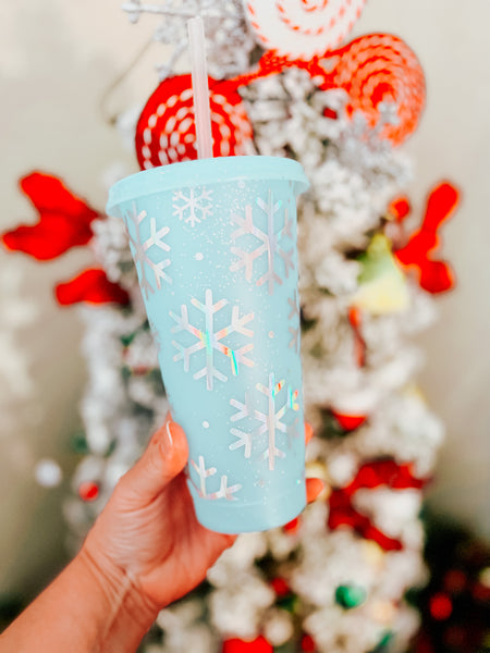 Snowflakes Christmas Cold Cup | Holographic Snowflakes Vinyl 24oz Cold cups