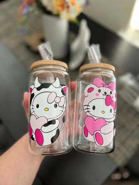 HK Cow Inspired Cow Glass Can cup | HK Kitty Bear Inspired Glass Can cup